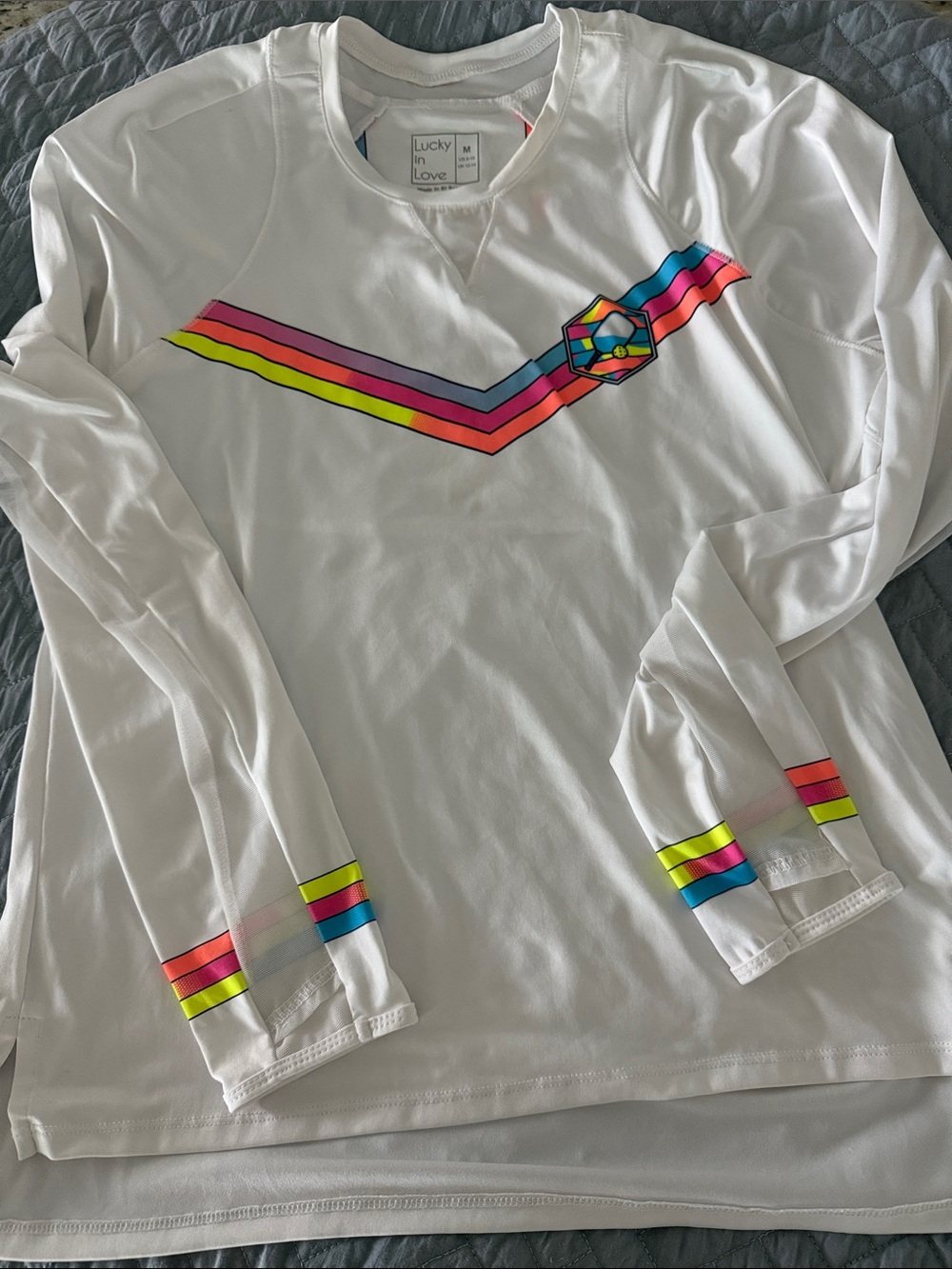 Lucky in Love White Long-Sleeve Athletic Pickleball Top with Rainbow Stripes